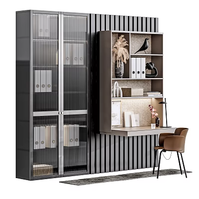 Modern Home Office Desk With Glass Door Cabinet Bookshelf Decor And Brown Chair 3d model