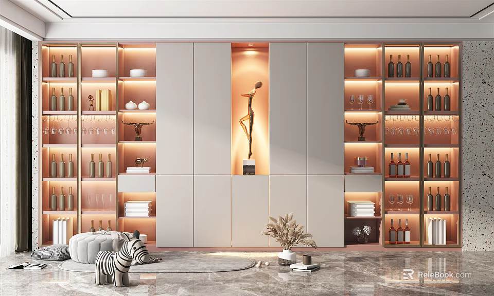 Modern Wine Cabinet With Illuminated Glass Doors Multiple Shelves And Wine Storage 3d model 