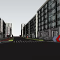 Municipal Road With Covered Parking Canopy Landscaped Areas Parked Cars And Pedestrians