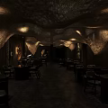 Dark Elegant Bar Interior With Chandelier Illuminated Wine Shelves Glassware And Marble Decor Accents