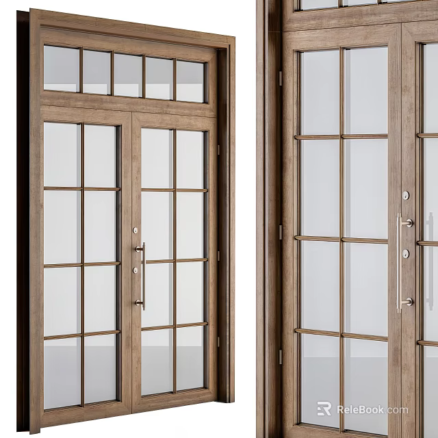 Classic Wooden Double Front Door Design With Glass Panels And Metal Handles 3d model 