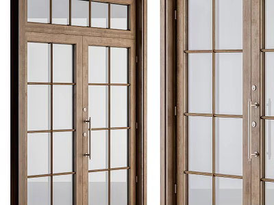 Classic Wooden Double Front Door Design With Glass Panels And Metal Handles 3d model