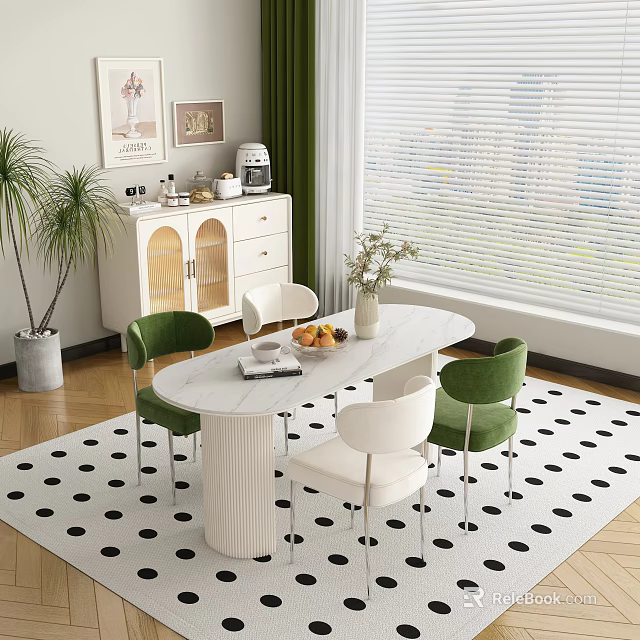 Bright Sunlit Modern Home Dining Room With White Marble Table And Stylish Two Tone Chairs 3d model 