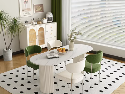Bright Sunlit Modern Home Dining Room With White Marble Table And Stylish Two Tone Chairs 3d model