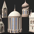 Beige Brown Architectural Building Components With Dome Steeple Bell Tower Windows and Cross 3d model