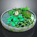 Natural Decorative Stone Basin With Green Lotus Leaves Pink Lotus Flower Stones And Green Plants