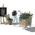 Vintage Bicycle With Front Rear Baskets Books Purple Flowers Near Easel Blackboard Spring