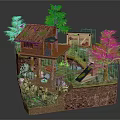 Rustic Log Cabin With Red Tile Roof Wooden Deck Pine Trees Small Stream And Rocks
