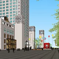 Modern Commercial Complex with Shopping Center Green Plaza Trees and Tall Buildings