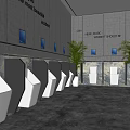Modern Public Restroom Interior Featuring Urinals Stalls Wall Text and Green Plants