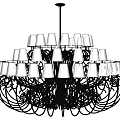 Elegant Black Frame Chandelier With Illuminated White Lampshades And Curved Design