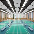 Indoor Badminton Courts Fitness Space With Green Surfaces Wooden Ceiling And Large Windows