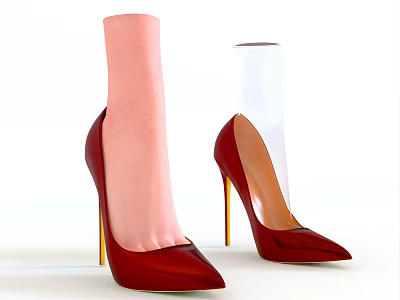 Red High Heels with Gold Heels Pointed Toe Glossy Finish on Foot Models 3d model