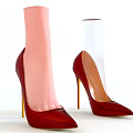 Red High Heels with Gold Heels Pointed Toe Glossy Finish on Foot Models