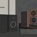 POLIFORM Modern Speakers With Black And Walnut Wood Design On Gray Countertop