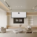 Modern Living Dining Room Interior With Curved Sofa Round Coffee Table Wave Rug And Soft Lighting