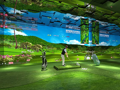 Indoor Golf Simulator Experience With Green Grass Golfer And Large Screen Scenery 3d model