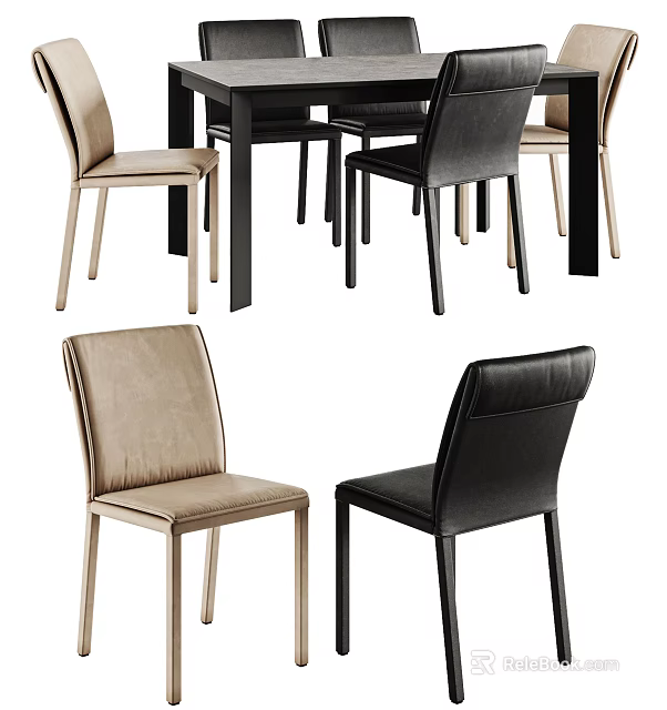 Modern Dining Table Set With Black And Beige Leather Chairs And Wooden Legs 3d model 