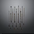 Ancient Weapons Collection Showcasing Various Spear Designs With Metal Tips And Wooden Shafts