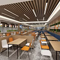 Modern Open Canteen Interior With Dining Tables Chairs Food Counters And Green Plants