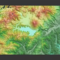 3D Topographic Terrain Model Featuring Colorful Mountains Valleys And Blue Lake