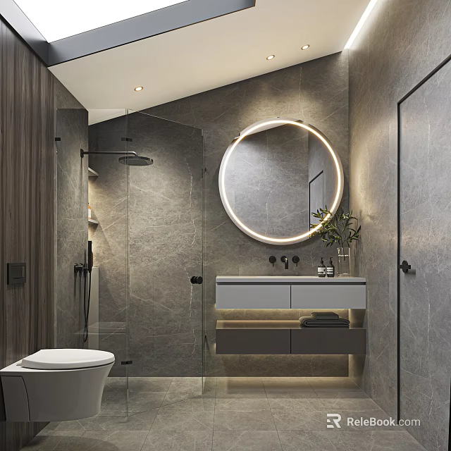 Modern Bathroom Interior Featuring Round LED Mirror Glass Shower Marble Walls And Wooden Accents 3d model 
