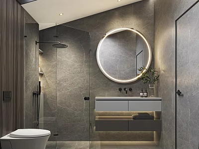 Modern Bathroom Interior Featuring Round LED Mirror Glass Shower Marble Walls And Wooden Accents 3d model