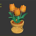 Yellow Tulips In Terracotta Pot With Green Leaves And Red Soil