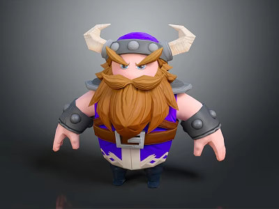 Muscular Horned Fantasy Game Warrior Character With Brown Beard Purple Outfit And Metal Arm Guards 3d model