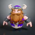 Muscular Horned Fantasy Game Warrior Character With Brown Beard Purple Outfit And Metal Arm Guards
