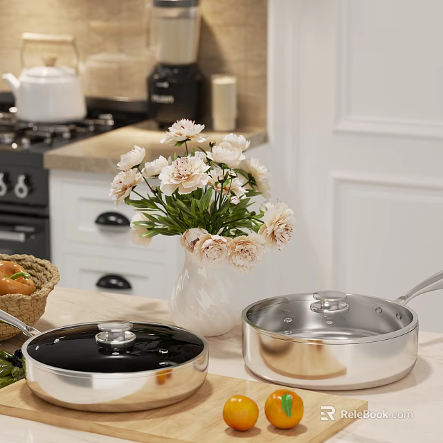 Stainless Steel Cookware With Lids In Bright Kitchen Featuring Fresh Flowers And Coffee Maker 3d model 