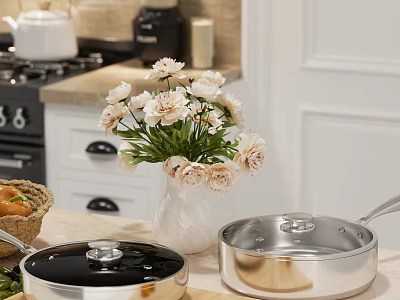 Stainless Steel Cookware With Lids In Bright Kitchen Featuring Fresh Flowers And Coffee Maker 3d model
