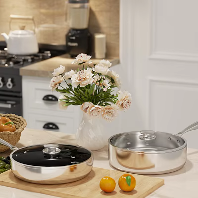 Stainless Steel Cookware With Lids In Bright Kitchen Featuring Fresh Flowers And Coffee Maker 3d model