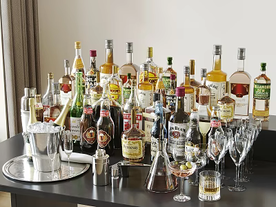 Assorted Alcohol Bottles and Drinking Glasses on Table with Cocktail Shakers and Ice Buckets 3d model