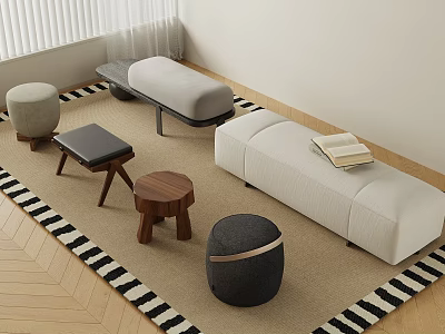 Modern Indoor Living Room With Various Stylish Stools Including Round Wooden And Gray Square Designs 3d model