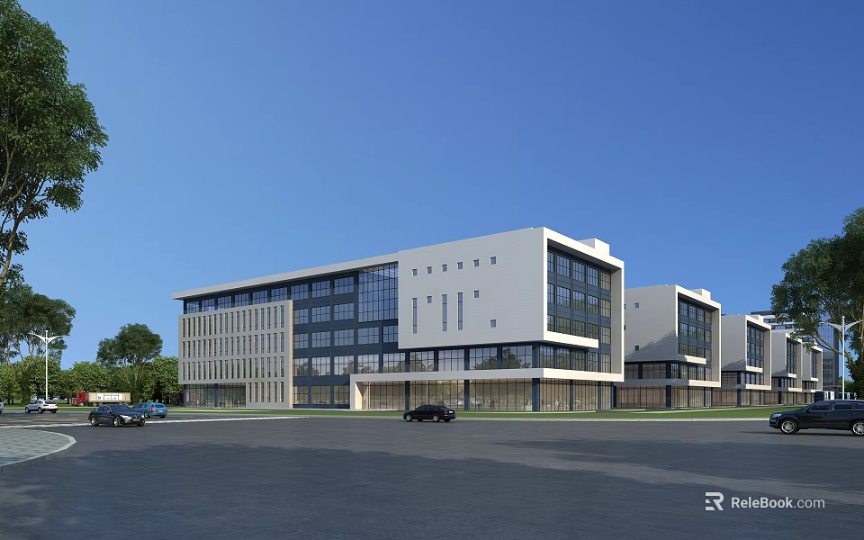 Modern Industrial Factory Building With White Exterior Large Glass Windows Parking Area And Trees 3d model 