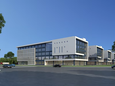 Modern Industrial Factory Building With White Exterior Large Glass Windows Parking Area And Trees 3d model