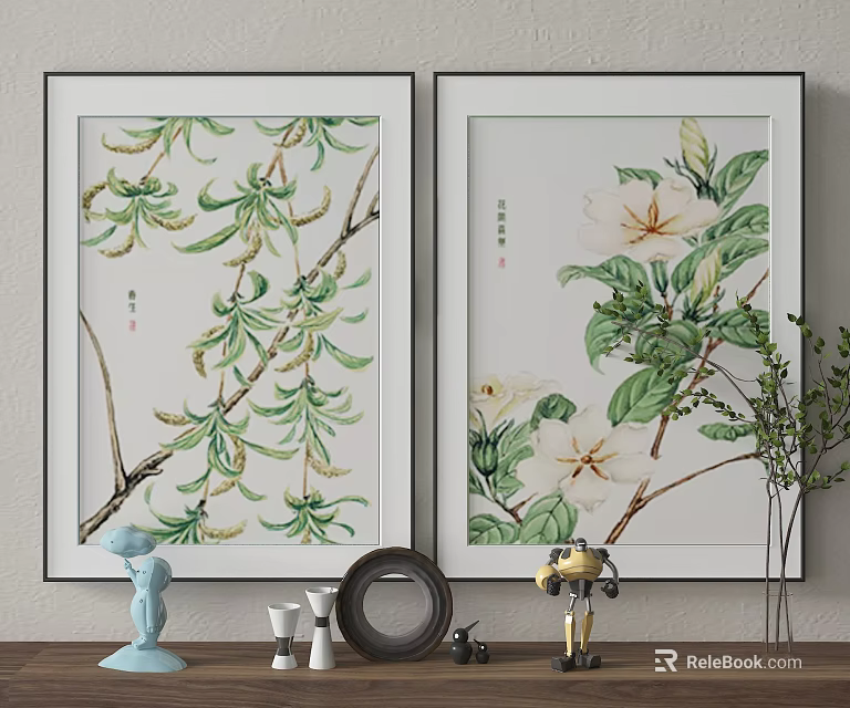 White Framed Botanical Paintings for Interior Wall Decor with Decorative Objects and Green Plants 3d model