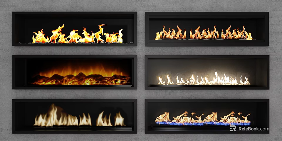 Modern Fireplace Designs Featuring Different Flame Types And Sleek Black Frames 3d model