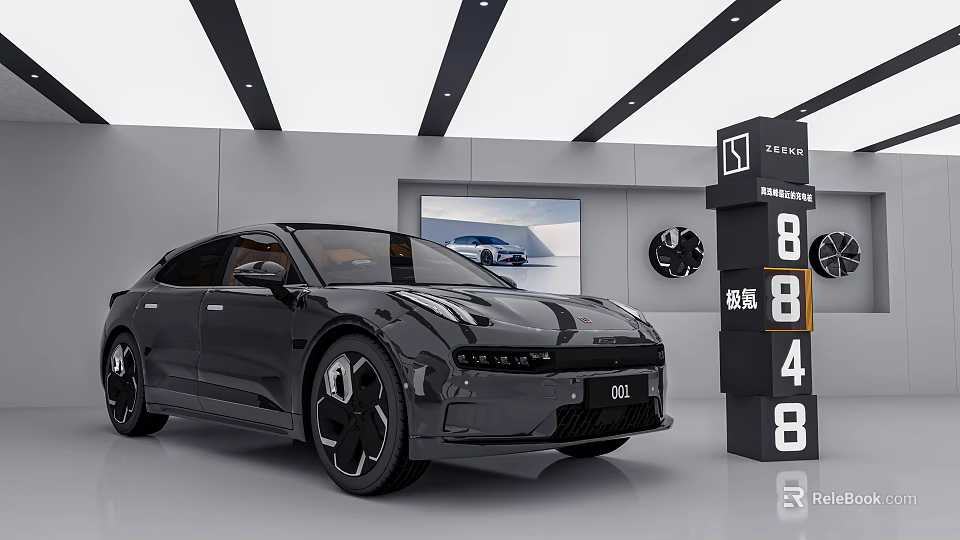 Black Zeekr 001 Car Displayed In Modern Showroom With Digital Screen And 8848 Sign 3d model 