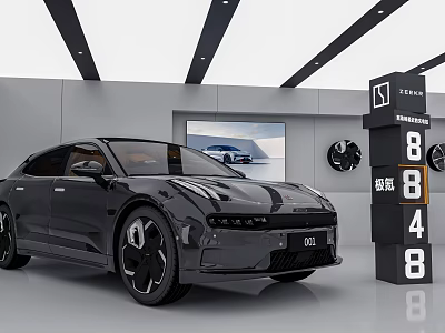 Black Zeekr 001 Car Displayed In Modern Showroom With Digital Screen And 8848 Sign 3d model