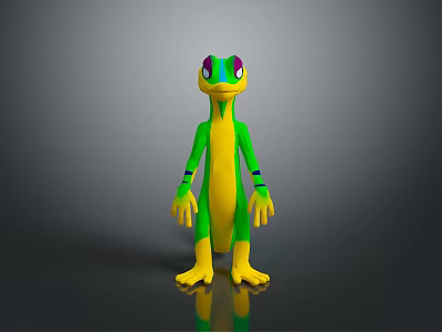 Cartoon Style Green And Yellow Lizard Creature Character With Purple Eyes Standing Pose 3d model