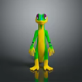 Cartoon Style Green And Yellow Lizard Creature Character With Purple Eyes Standing Pose