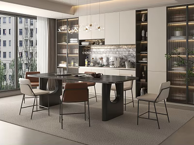 Modern Restaurant Interior With Dining Table Chairs Hanging Lights Cabinets And Large Windows 3d model