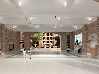School Main Entrance Hall With Brick Walls Archway Spacious Floor Bright Lighting And Students Walking 3d model