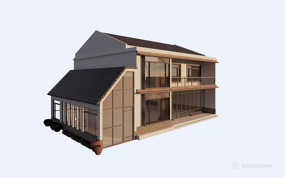 Rural Self Built House Two Story With Balcony Large Glass Windows And Black Tiled Roof 3d model 