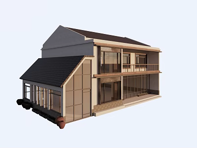 Rural Self Built House Two Story With Balcony Large Glass Windows And Black Tiled Roof 3d model