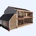 Rural Self Built House Two Story With Balcony Large Glass Windows And Black Tiled Roof