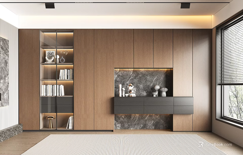 Modern Wooden Bookcase With Glass Doors And Marble Accent In Interior Design 3d model 