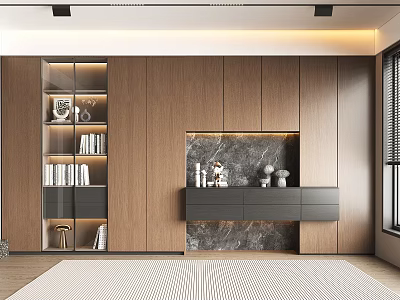 Modern Wooden Bookcase With Glass Doors And Marble Accent In Interior Design 3d model